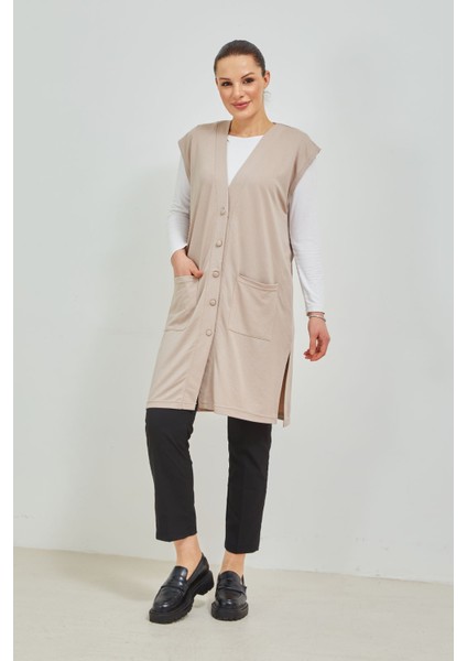 Kadın Krem Uzun Cepli Düğmeli Büyük Beden Penye Yelek fırsatları