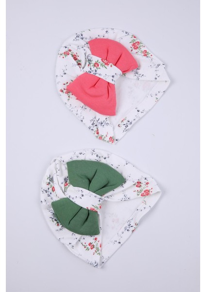 Kurdeleli Desenli Bebek Bone Şapka Bere 2'li Set 0-6 Ay Hediyelik 1758