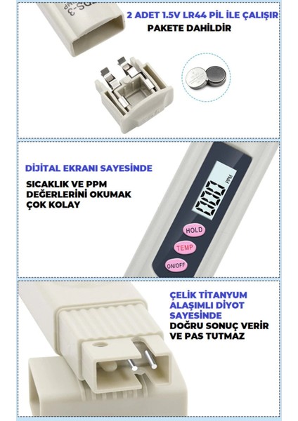 Tekno Trust 3 Yıl Tds Metre Su Kalitesi ve Saflık Ölçüm Cihazı Pil ile Birlikte Aksesuar