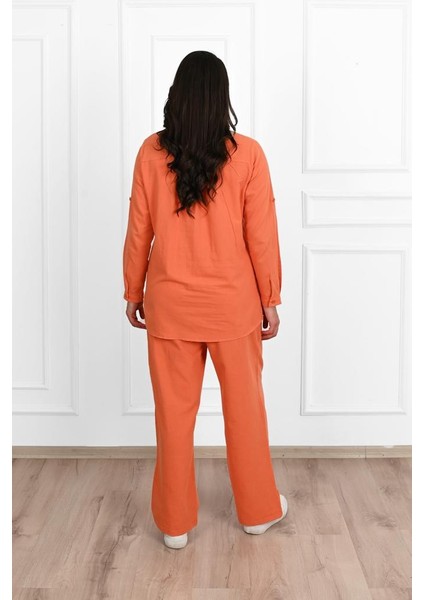 Kadın Büyük Beden Keten Kumaş Palazzo Pantolonlu Büyük Beden Gömlek Takım 3686-23 fırsatları