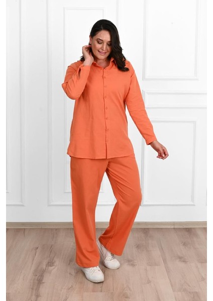 Kadın Büyük Beden Keten Kumaş Palazzo Pantolonlu Büyük Beden Gömlek Takım 3686-23 indirimleri