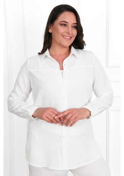 Kadın Büyük Beden Keten Kumaş Palazzo Pantolonlu Büyük Beden Gömlek Takım 3686-23 modelleri