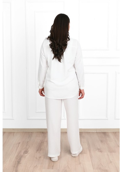 Kadın Büyük Beden Keten Kumaş Palazzo Pantolonlu Büyük Beden Gömlek Takım 3686-23 indirimleri