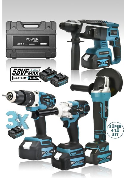 Tekno Trust Anahtarlı Profesyonel 4'lü Set 2-26 Şarjlı Hilti-Şarjlı TAŞLAMA-13MM Şarjlı Darbeli Matkap- Darbeli