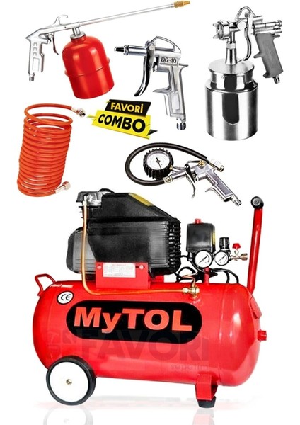 2 Hp 50 Litre Yağlı Sesli Hava Kompresörü 8 Bar ve Havalı Alet Seti