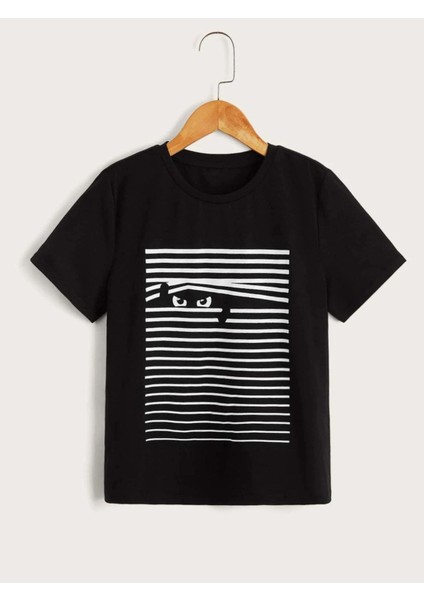 Rahat Kalıp Pamuklu Çizgili Kedi Baskılı Çocuk T-Shirt