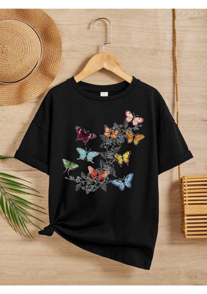 Rahat Kalıp Pamuklu Baskılı Siyah Çocuk T-Shirt