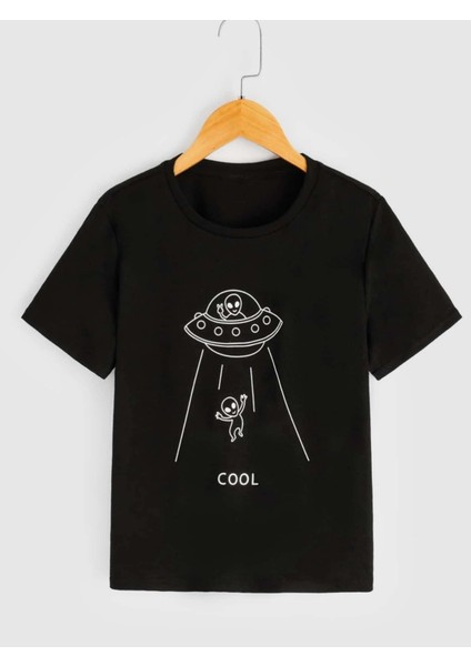 Rahat Kalıp Pamuklu Uzaylı Baskılı Çocuk T-Shirt