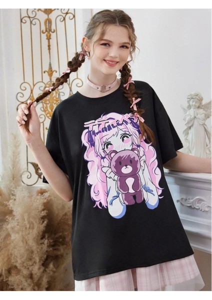 Pembe Anime Baskılı Oversize Tshırt
