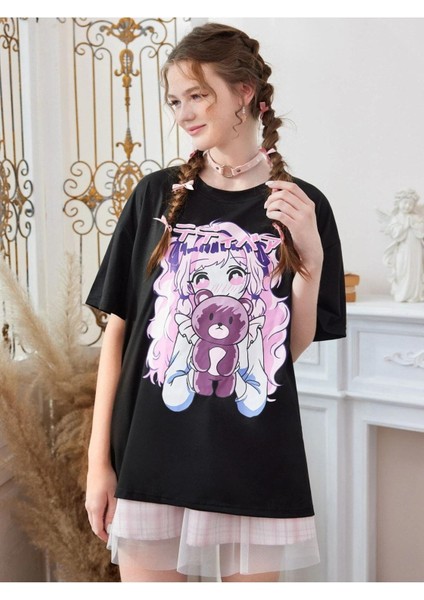 Pembe Anime Baskılı Oversize Tshırt fiyatları