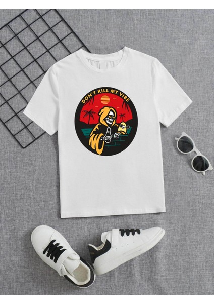 Rahat Kalıp Pamuklu Baskılı Beyaz Çocuk T-Shirt