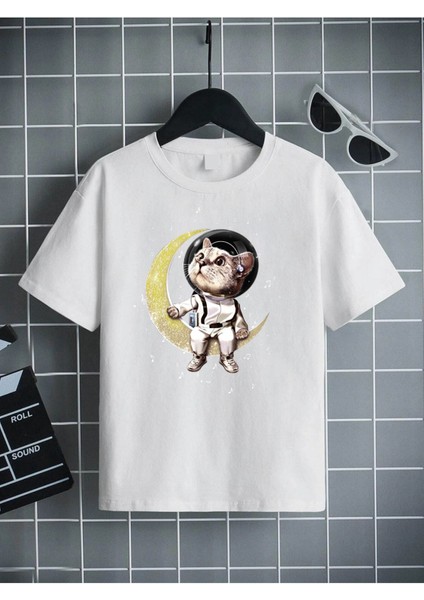 Rahat Kalıp Pamuklu Baskılı Beyaz Çocuk T-Shirt