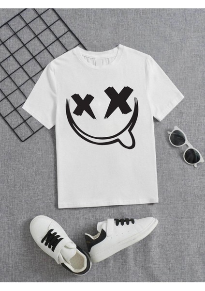 Rahat Kalıp Pamuklu Baskılı Beyaz Çocuk T-Shirt