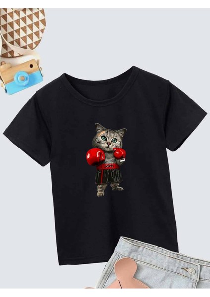 Rahat Kalıp Pamuklu Baskılı Siyah Çocuk T-Shirt