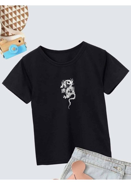 Rahat Kalıp Pamuklu Baskılı Siyah Çocuk T-Shirt