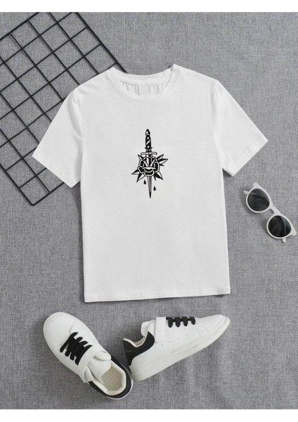 Rahat Kalıp Pamuklu Baskılı Beyaz Çocuk T-Shirt