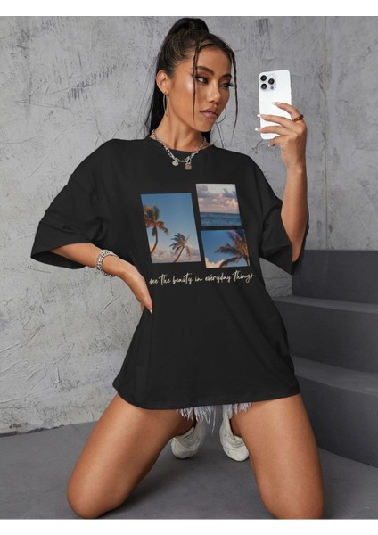 Manzara Baskılı Oversize Tshırt