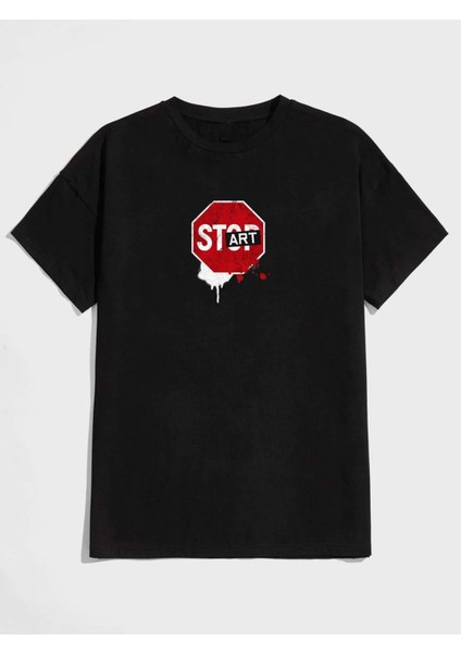 Stop Art Baskılı Oversize Tshırt
