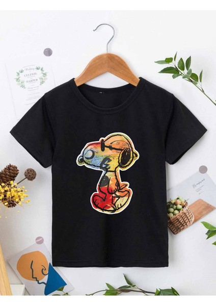 Rahat Kalıp Pamuklu Baskılı Siyah Çocuk T-Shirt