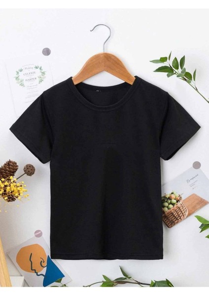 Rahat Kalıp Pamuklu Düz Siyah Çocuk T-Shirt