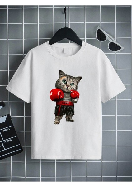 Rahat Kalıp Pamuklu Baskılı Beyaz Çocuk T-Shirt