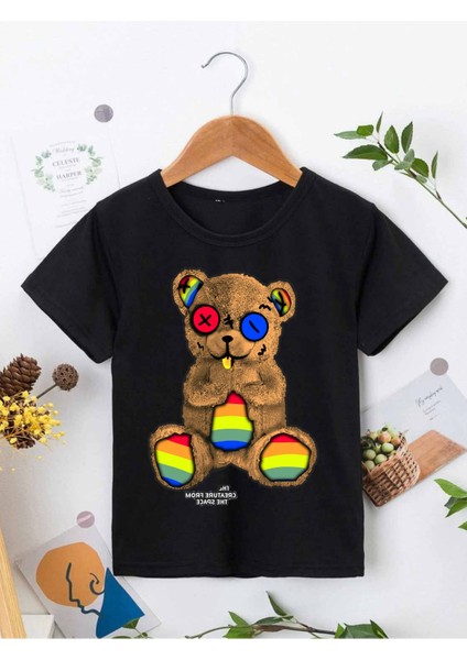 Rahat Kalıp Pamuklu Baskılı Siyah Çocuk T-Shirt