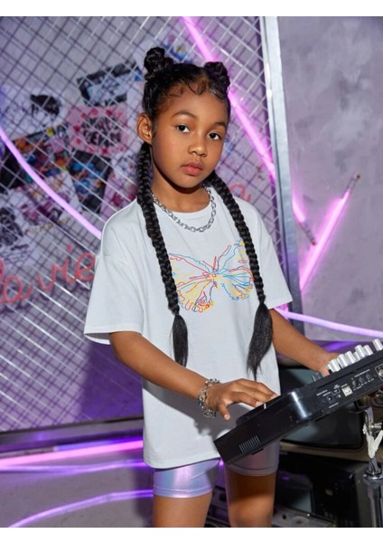 Çocuk Oversize Renkli Kelebek Pamuklu Bisiklet Yaka Tişört