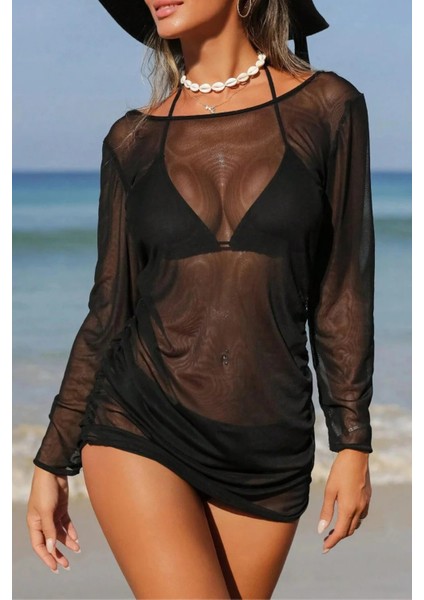 Siyah Tül Mini Plaj Elbisesi Sırtı Açık Kayık Yaka Yandan Büzgülü modelleri