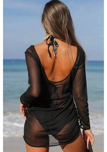 Siyah Tül Mini Plaj Elbisesi Sırtı Açık Kayık Yaka Yandan Büzgülü fırsatları