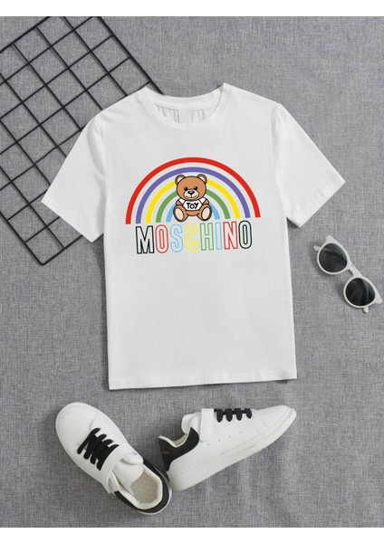 Rahat Kalıp Pamuklu Baskılı Beyaz Çocuk T-Shirt