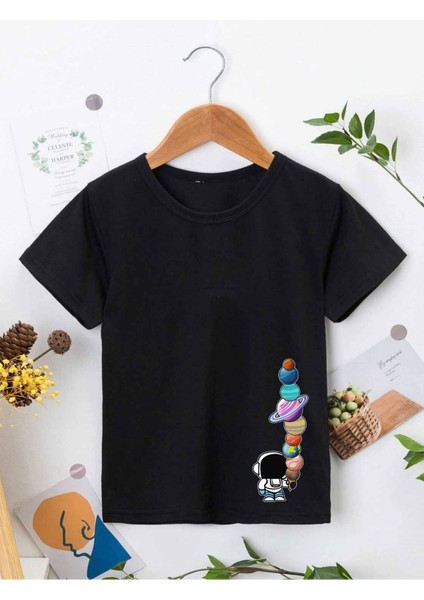 Rahat Kalıp Pamuklu Baskılı Siyah Çocuk T-Shirt