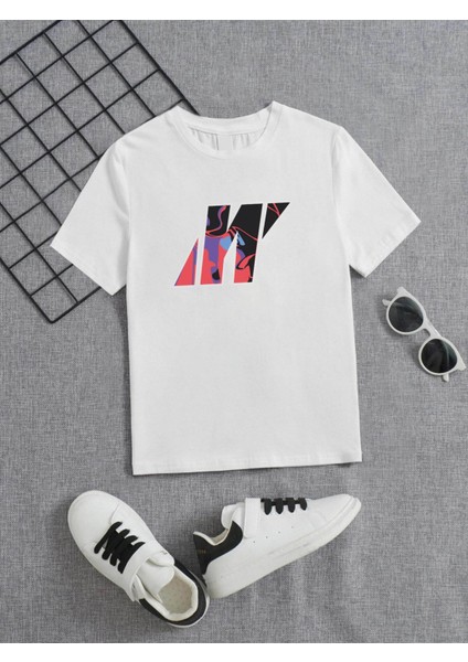Rahat Kalıp Pamuklu Baskılı Beyaz Çocuk T-Shirt