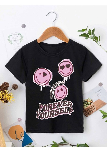 Rahat Kalıp Pamuklu Baskılı Siyah Çocuk T-Shirt