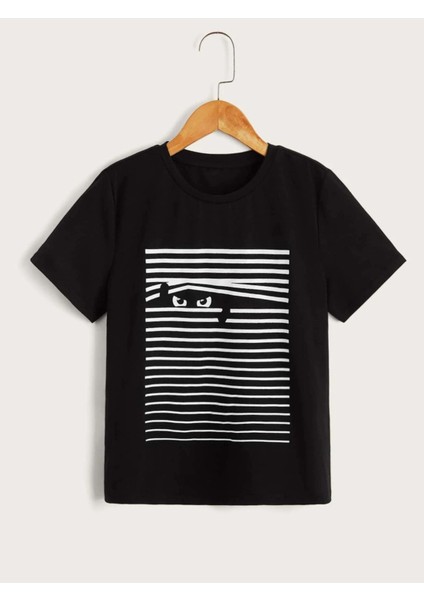 Rahat Kalıp Pamuklu Çizgili Kedi Baskılı Çocuk T-Shirt