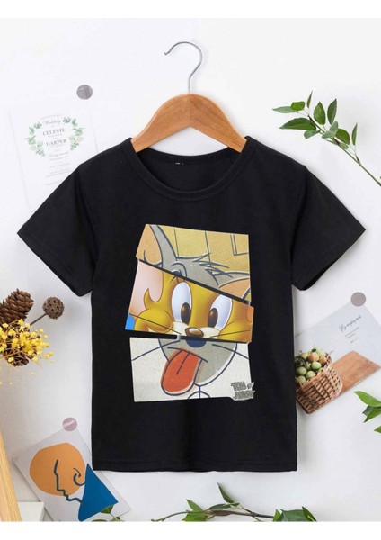 Rahat Kalıp Pamuklu Baskılı Siyah Çocuk T-Shirt