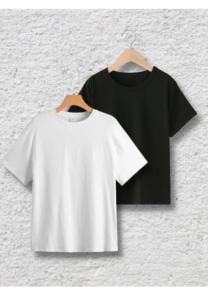 Çocuk Oversize Düz Basıc Pamuklu Bisiklet Yaka Tişört