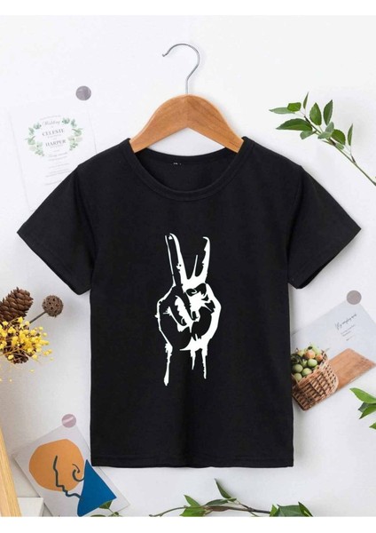 Rahat Kalıp Pamuklu Baskılı Siyah Çocuk T-Shirt