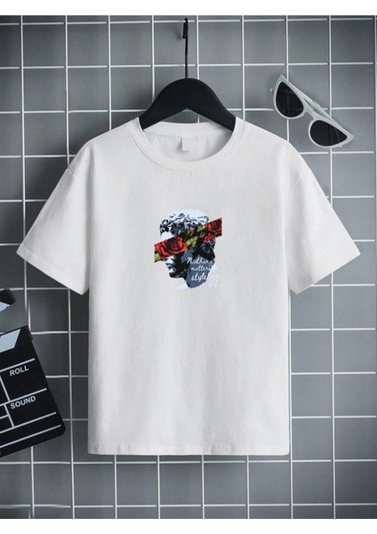 Rahat Kalıp Pamuklu Baskılı Beyaz Çocuk T-Shirt