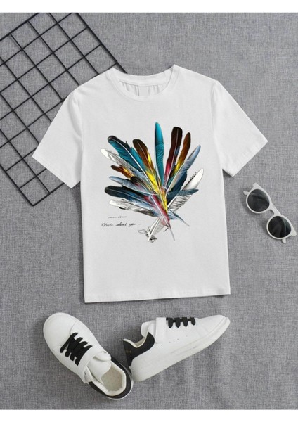 Rahat Kalıp Pamuklu Baskılı Beyaz Çocuk T-Shirt