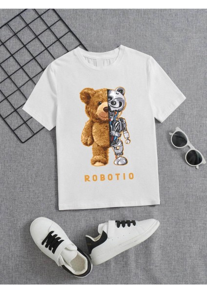 Rahat Kalıp Pamuklu Baskılı Beyaz Çocuk T-Shirt