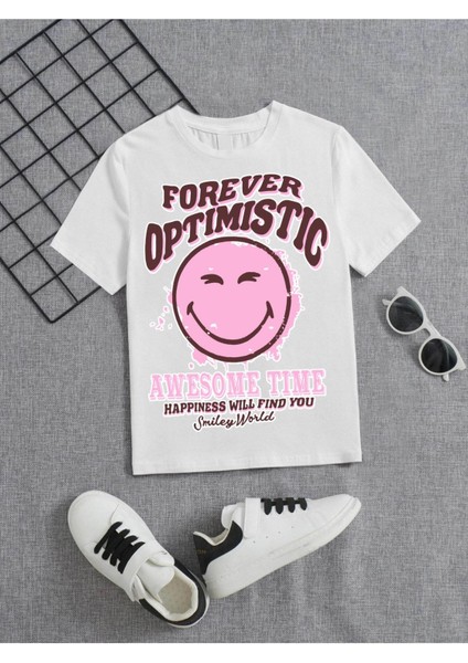 Rahat Kalıp Pamuklu Baskılı Beyaz Çocuk T-Shirt