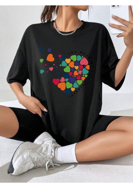 Minicik Kalpler Baskılı Oversize Tshırt