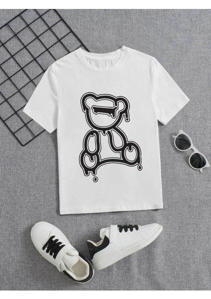 Rahat Kalıp Pamuklu Baskılı Beyaz Çocuk T-Shirt