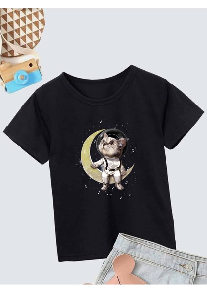 Rahat Kalıp Pamuklu Baskılı Siyah Çocuk T-Shirt