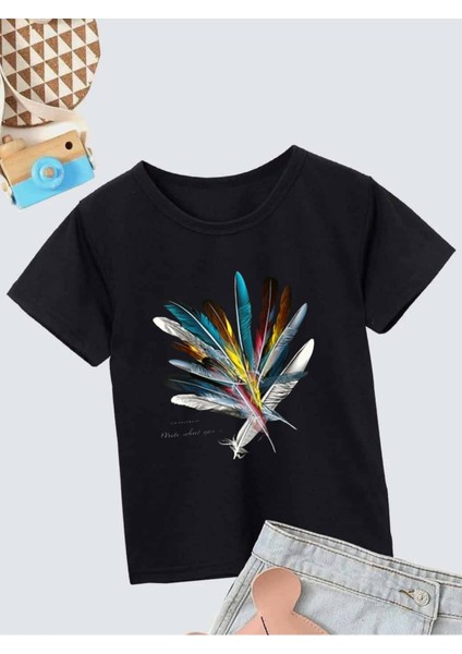 Rahat Kalıp Pamuklu Baskılı Siyah Çocuk T-Shirt
