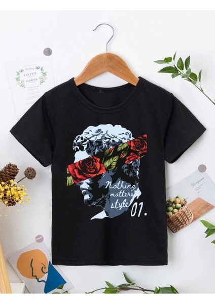 Rahat Kalıp Pamuklu Baskılı Siyah Çocuk T-Shirt