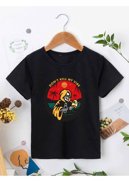 Rahat Kalıp Pamuklu Baskılı Siyah Çocuk T-Shirt