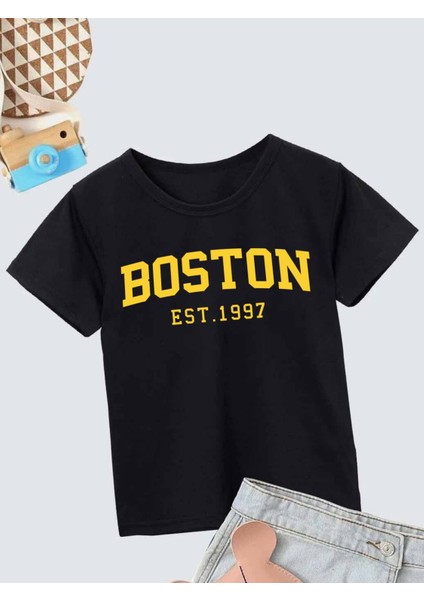 Rahat Kalıp Pamuklu Baskılı Siyah Çocuk T-Shirt