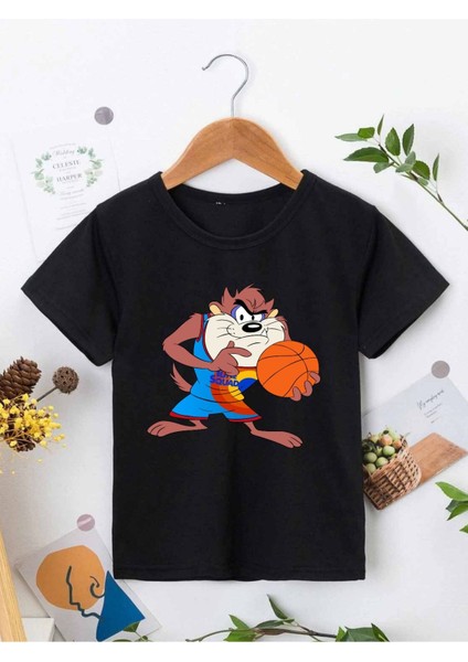 Rahat Kalıp Pamuklu Baskılı Siyah Çocuk T-Shirt