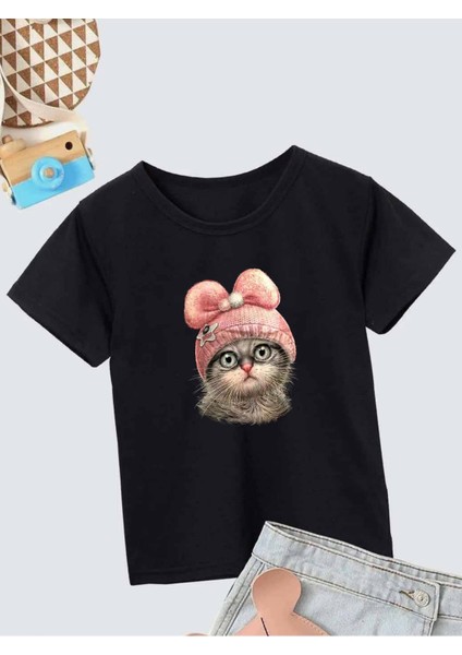 Rahat Kalıp Pamuklu Baskılı Siyah Çocuk T-Shirt